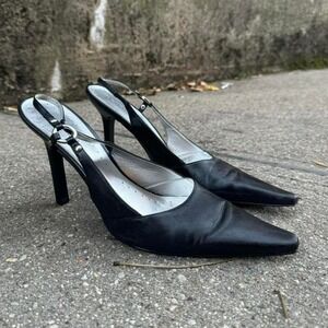 Y2K BCBGirls Mules Women's Size 10 Black Leather Pointed Toe Harness Silver Club